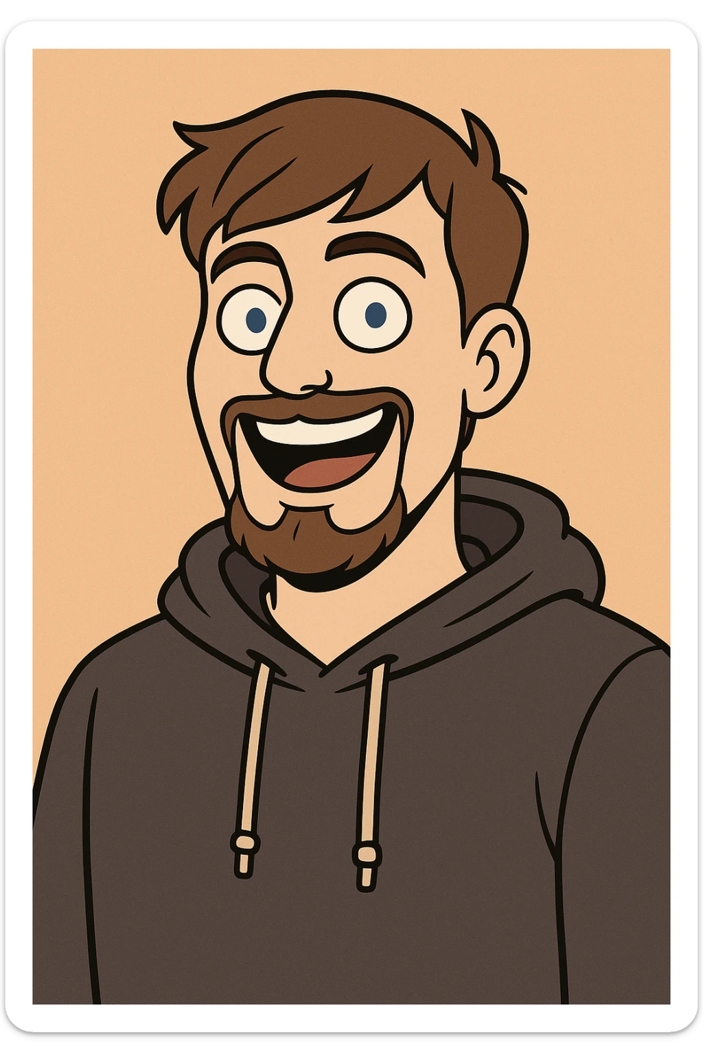 cartoon portrait of MrBeast, smiling, brown hair, blue eyes, casual hoodie, energetic expression, YouTuber vibe sticker