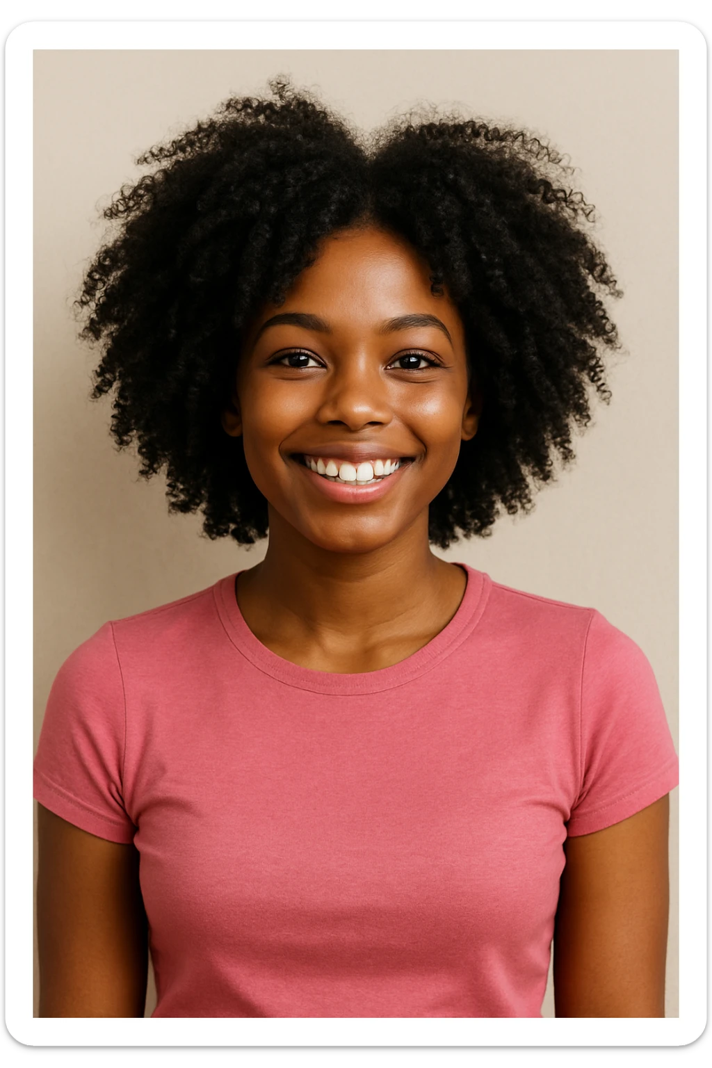 A black girl with voluminous curly black hair, pink fitted shirt, smiling, simple background. sticker