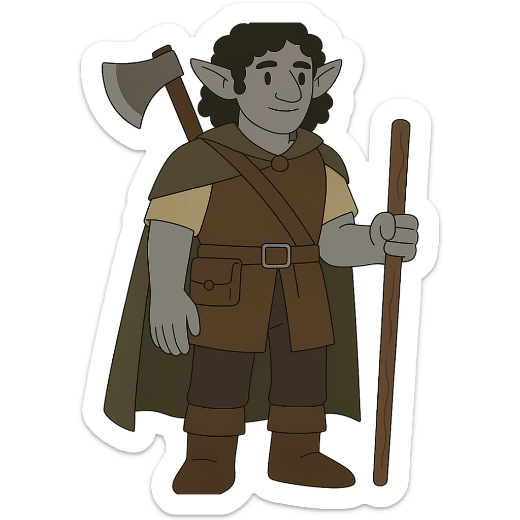 flat toon style DnD firbolg with grey skin and black curly hair, no background sticker