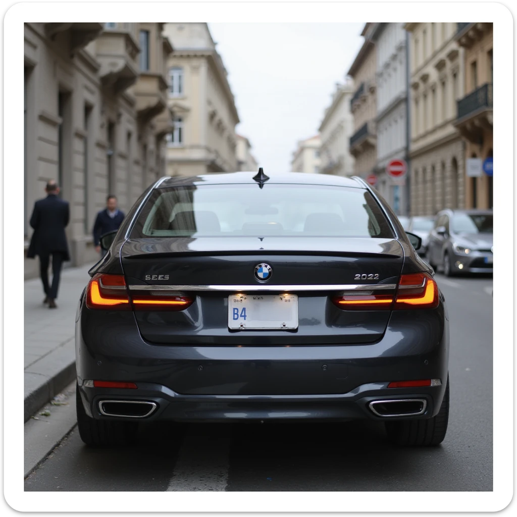 BMW Series 7 2022, back view, photorealistic, parked on a Bucharest street, blurry city background, blurred license plate, highly realistic sticker