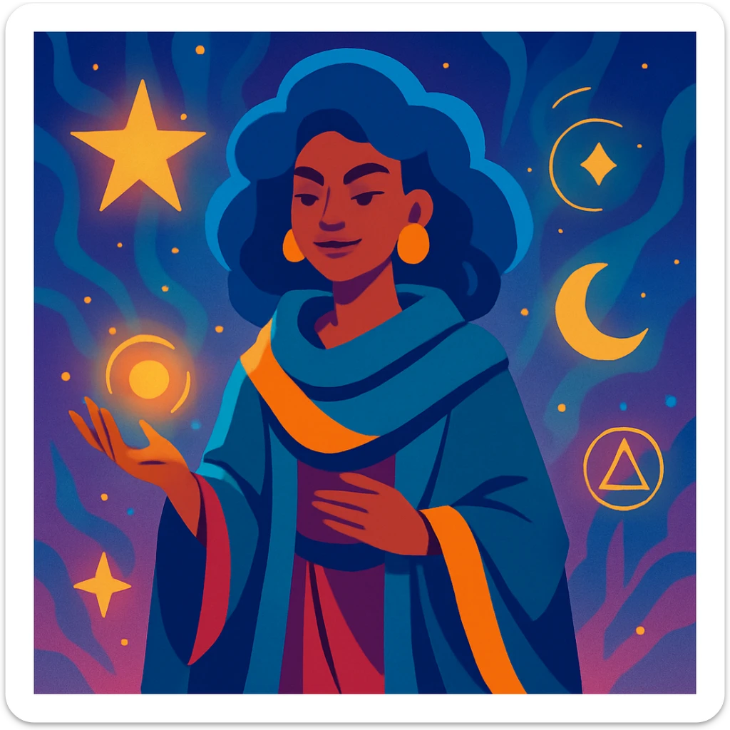 legendary mentor, young powerful and wise woman with inspiring aura, mystical environment, vibrant illustration style sticker