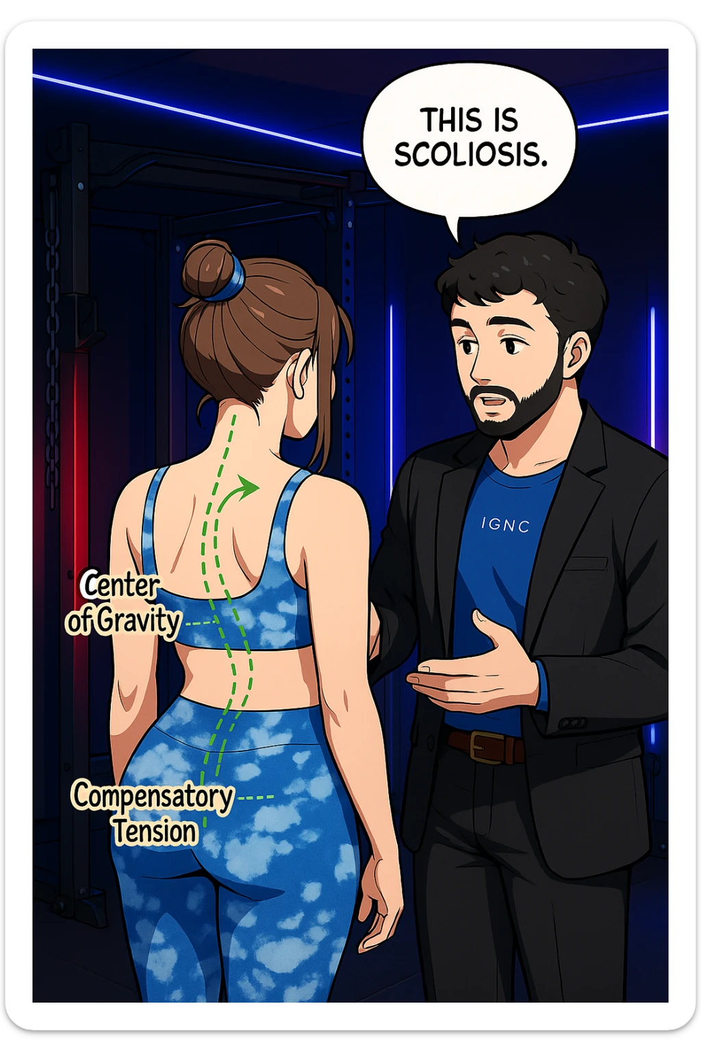 fai questa immagine in versione manga/webtoon a colori, il manga mostra la donna di spalle, mentre l'uomo le tocca la spina dorsale per spiegarle come funziona la scoliosi:
Con una scoliosi il baricentro corporeo cade maggiormente da un lato; per non cadere la schiena compensa accumulando tensione sul fianco opposto.
Il risultato? Si inclina e ruota sempre più, fino a che non cede (discopatie, artrosi, ecc) sticker