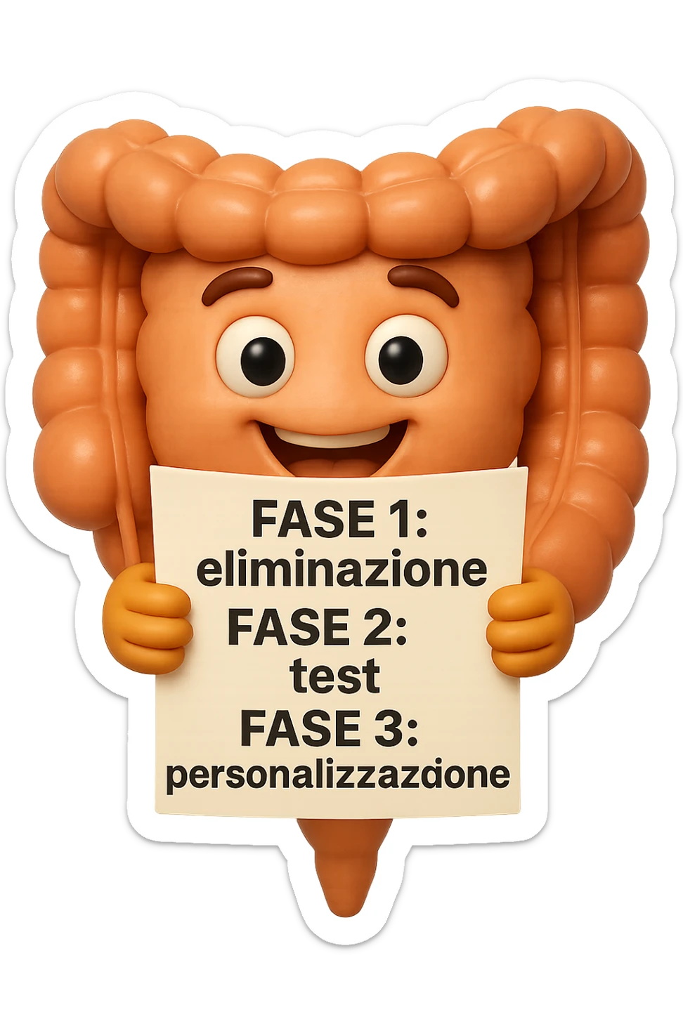 emoji stile iphone 3d di un intestino che tiene in mano un foglio con la scritta "FASE 1: eliminazione, FASE 2: test, FASE 3: personalizzazione, IPERREALISTICO 4K sticker