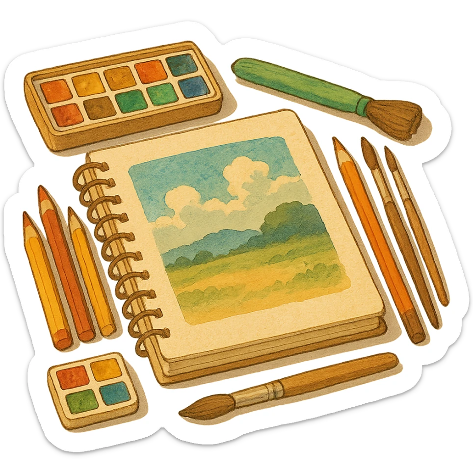 ghibli style illustration of a sketchbook with art supplies, warm and inviting sticker