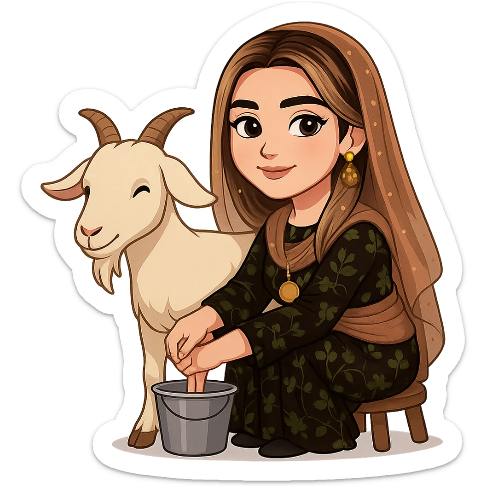 Create a Kurdish cartoon sticker of the same woman in the new dress, milking a sheep or goat. She is sitting on a stool with one hand on the udder and a bucket underneath. The style is realistic and clear cartoon style with no text and a transparent background. sticker