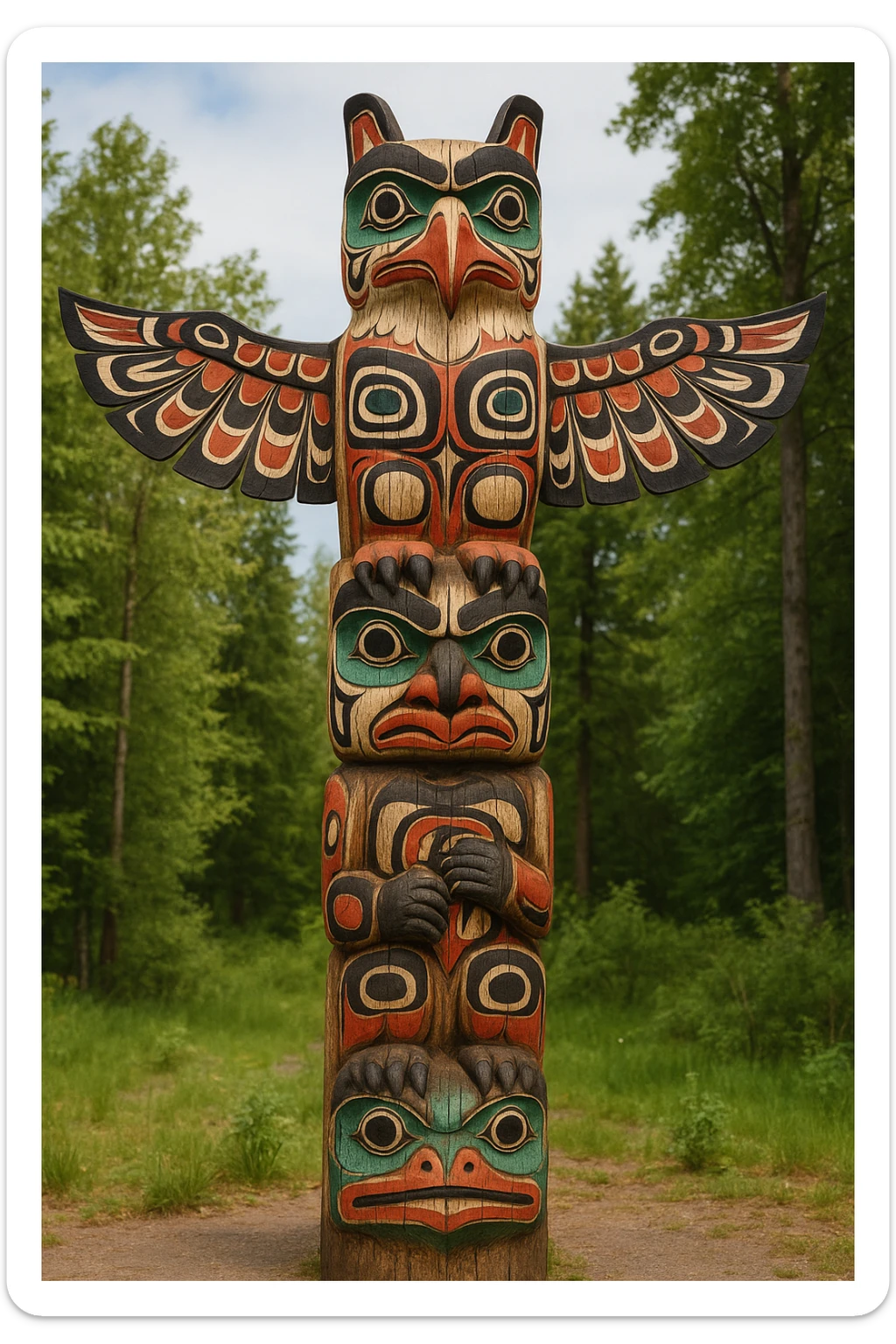 A traditional Pacific Northwest totem pole, carved from a wooden log and featuring stacked animal figures with a prominent eagle at the top. The pole displays bold, colorful tribal patterns in red, black, white, and blue, with geometric and organic designs. The animal carvings are stylized with curved beaks, large eyes, and intricate details. The totem pole stands as a cultural and spiritual monument in a natural outdoor environment, reflecting indigenous artistry and Totemism. sticker