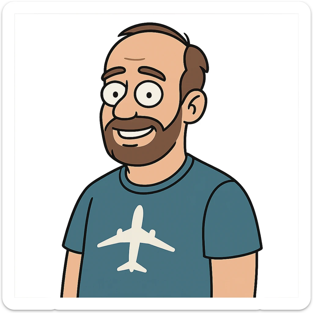 aviation geek short-bearded man, brown hair, slightly balding, close trimmed beard, flat toon style sticker