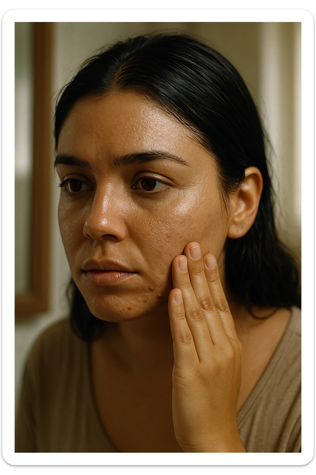 A highly realistic, cinematic close-up portrait of a young woman in her late 20s with medium skin tone, showing visible oily skin and enlarged pores on her cheeks, nose, and forehead. Her skin has a noticeable shiny appearance due to excessive sebum production, and small acne spots are visible along her jawline and chin, indicating hormonal imbalance. Her dark hair appears greasy, clumping in some areas near her scalp, emphasizing unwashed, oily hair due to overactive sebaceous glands caused by PCOS. The woman looks at herself in the mirror with a tired yet hopeful expression, gently touching her cheek with her fingertips as she observes her skin condition. The setting is a softly lit bathroom with natural daylight, and the reflection shows the detail of her skin texture and greasy hair strands. Style: 35mm hyperrealistic film, warm neutral tones with soft depth of field, focusing on the oily skin texture, visible pores, and greasy hair to clearly illustrate the visual symptoms of PCOS. in italiano sticker