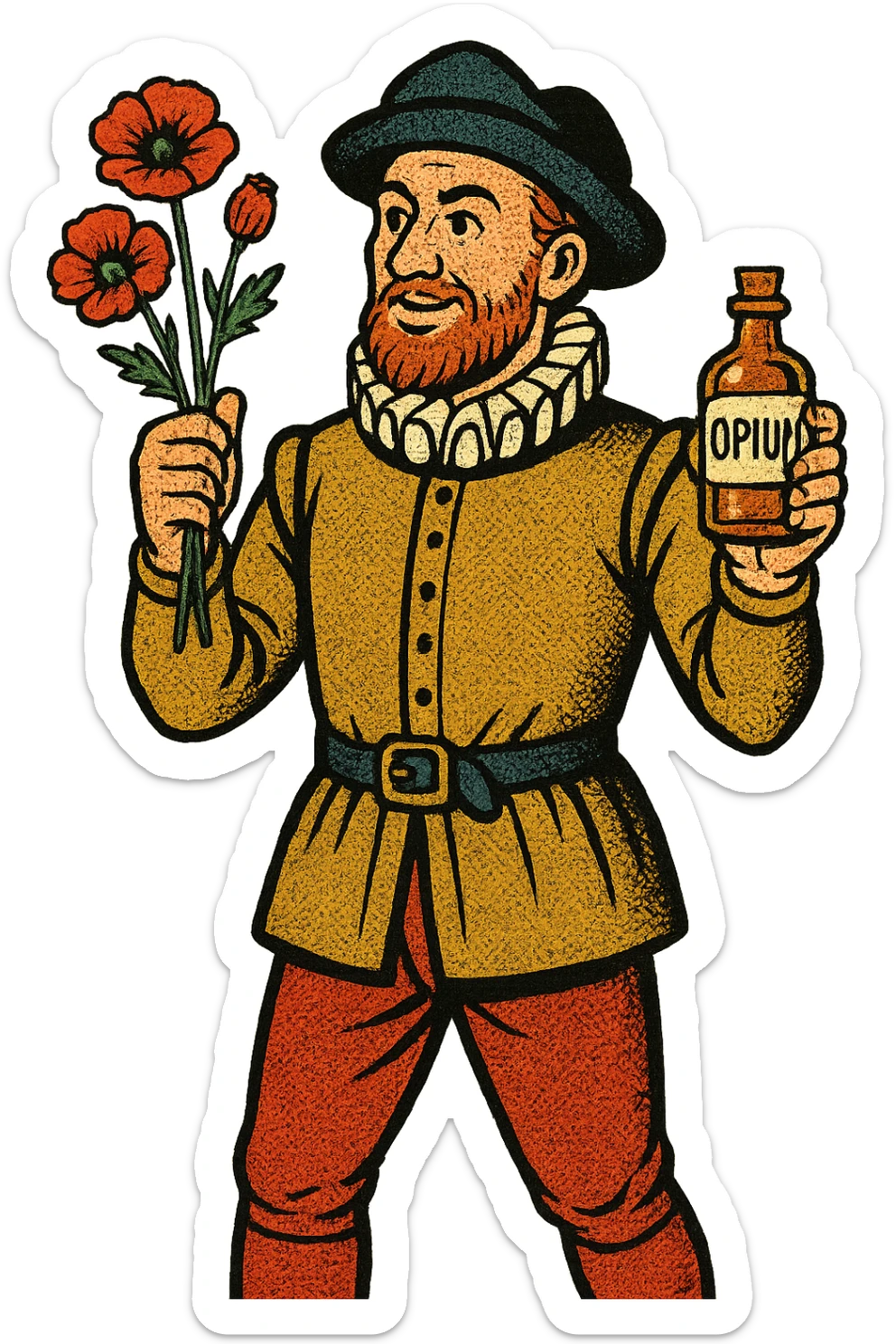 the full body of a tudor explorer sailor holding small poppies and an old medicine bottle with the word opium on it sticker