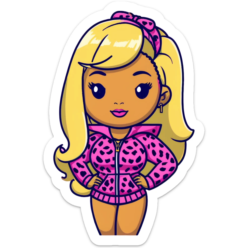Nicki Minaj wearing a pink leopard print outfit with hair that is half blonde and half pink sticker