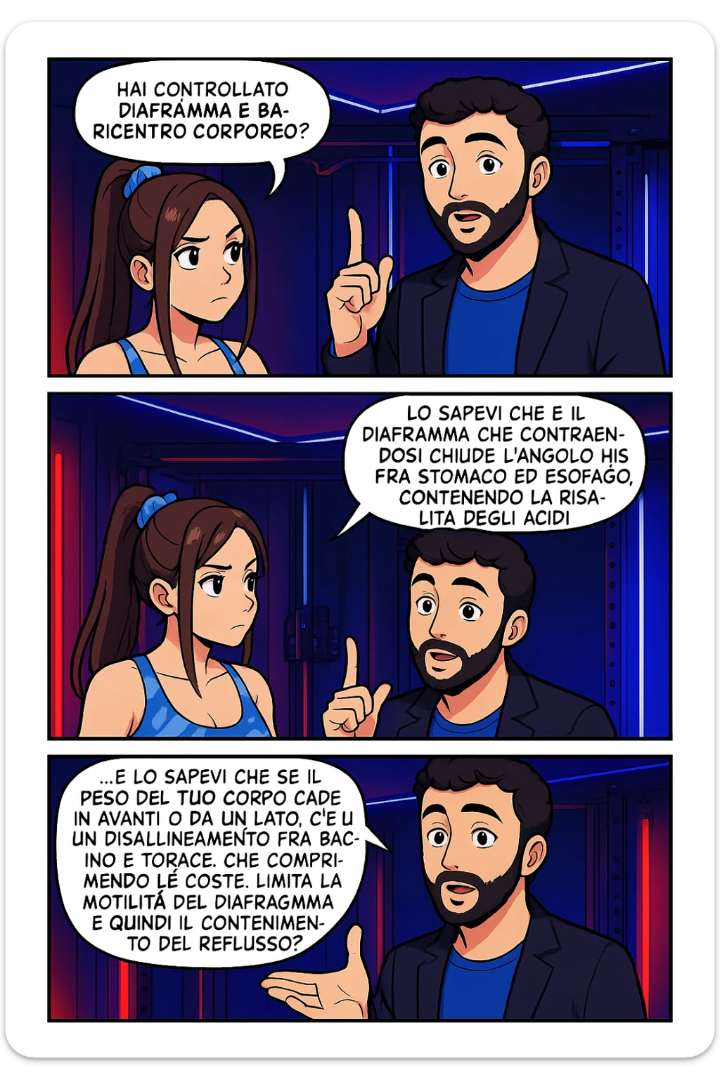 TRASFORMA QUESTO CAROSELLO IN UN FUMETTO STILE WEBTOON/MANGA A COLORI CON QUESTE DUE PERSONE IDENTICHE CHE INTERLOQUISCONO TRA LORO, L'uomo sta spiegando alla donna questo concetto:

LUI (UOMO): Hai controllato diaframma e baricentro corporeo?
LUI (UOMO): Lo sapevi che è il diaframma che contraendosi chiude l’angolo his fra stomaco ed esofago, contenendo la risalita degli acidi grassi?
LUI (UOMO): …e lo sapevi che se il peso del tuo corpo cade in avanti o da un lato, c’è un disallineamento fra bacino e torace, che comprimendo le coste, limita la motilità del diaframma e quindi il contenimento del reflusso? sticker