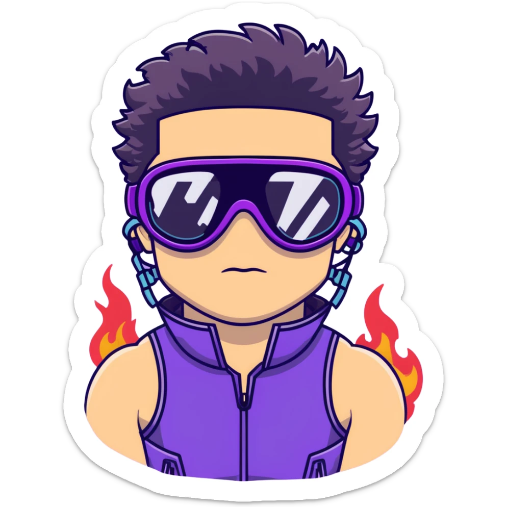 male athlete with white skin and moderately curly black hair on top with shaved sides, wearing ski goggles with purple frames and very dark black lenses, a simple plain black chain necklace, and a completely unzipped sleeveless vest with purple and black sequin fire pattern design, fully revealing his chest, shoulders and arms, no earrings sticker