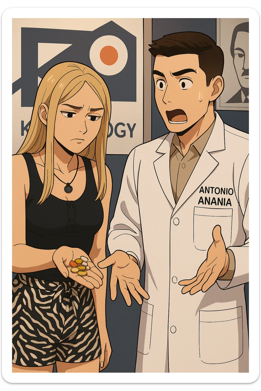 fai un webtoon/manga a colori con questo kinesiologo in camice bianco (fagli la scritta "ANTONIO ANANIA" SUL CAMICE) CHE PARLA CON QUESTA RAGAZZA. LA RAGAZZA HA UN PUGNO DI INTEGRATORI IN MANO (TANTE PILLOLE DIVERSE) E LE GUARDA DUBBIOSA. IL KINESIOLOGO CON IL CAMICE BIANCO LE DOMANDA UNA COSA SCIOCCATO. NON FARE I FUMETTI, FAI SOLO LORO COME SE DIALOGASSERO sticker