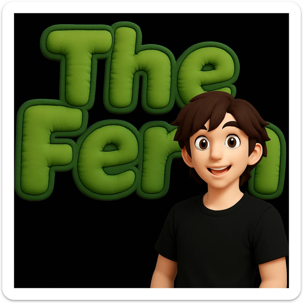 Edit the anime man to wear a black t-shirt with no jacket, standing in front of green bubble letters that say 'The Fern'. Keep his medium-length brown hair and expressive anime face. Maintain a thick, soft, cheerful, 3D vibe in the style of the original image. sticker