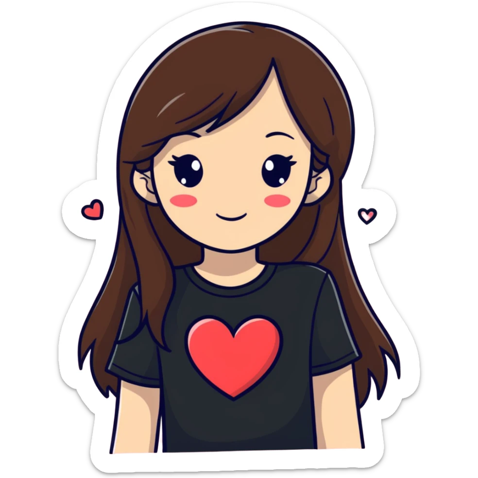 A girl with long brown hair, wearing a black T-shirt and many hearts  sticker