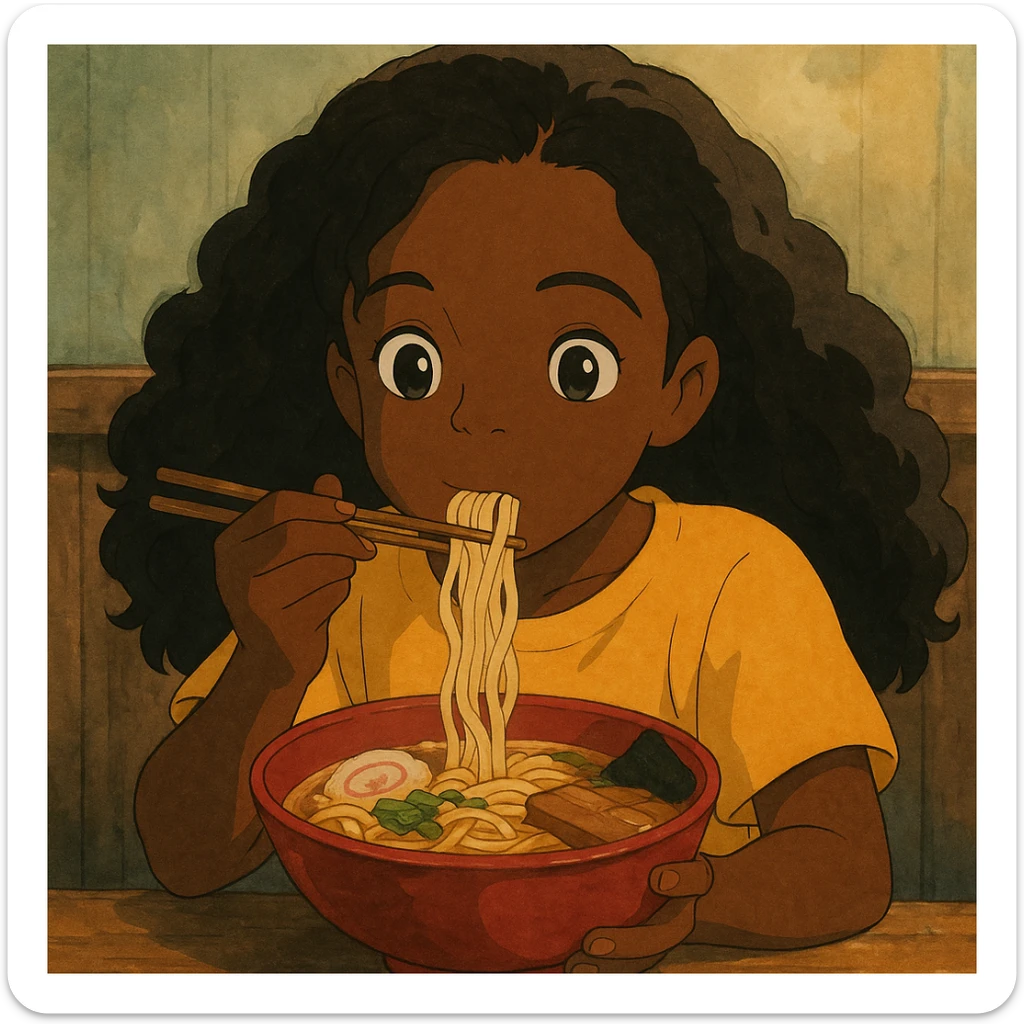 dark skin African American girl with long curly black hair, wearing a yellow shirt, eating a bowl of ramen, ghibli-inspired sticker
