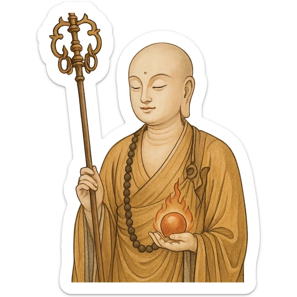 Kṣitigarbha bodhisattva, gentle face, monk's robes, holding a staff and wish-fulfilling jewel, spiritual and serene, East Asian Buddhist iconography sticker