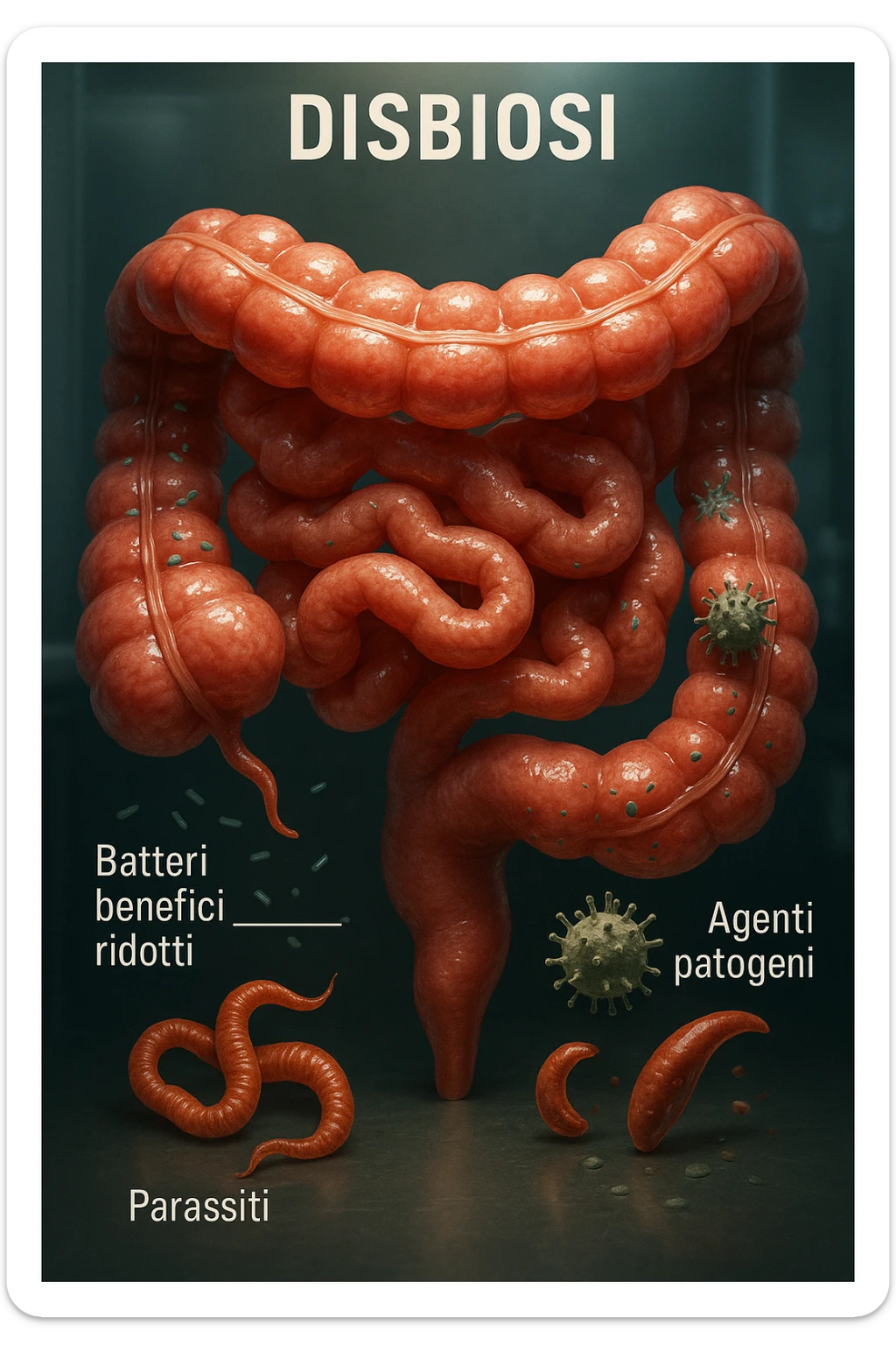 Immagine verticale, realistica e cinematografica in italiano: intestino umano con disbiosi, batteri benefici ridotti, parassiti e agenti patogeni evidenziati, atmosfera clinica, luci drammatiche, didascalie in italiano, 2:3. sticker