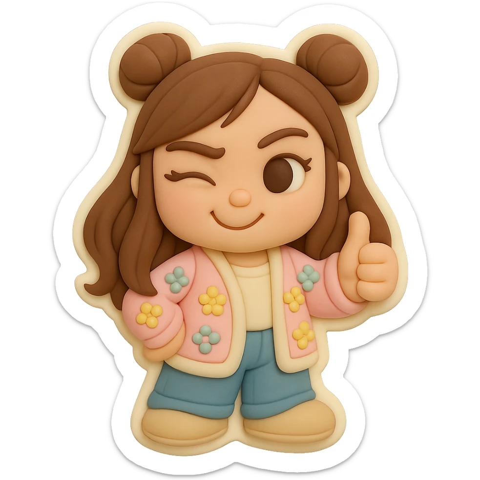3D chibi fondant cake art style, high-quality rendering with smooth shadows and soft gradients. Girl based on reference image, preserving facial features and eye shape exactly as in the 'thumbs down' sticker. Long brown hair in two space buns, brown eyes, jeans, pastel floral cardigan, shoes. Thumbs up, winking playfully. Thick white outline like a sticker, transparent background. Ensure the face, hairstyle, eye shape, and shoes match the reference exactly. sticker