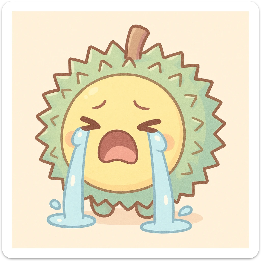 chibi-style round durian character with a green spiky shell and yellow flesh, crying dramatically with big teardrops, in pastel colors sticker
