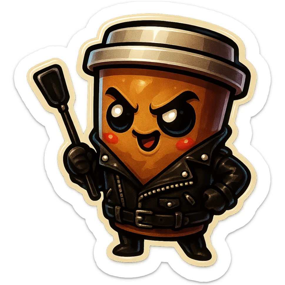 Tall coffee cup, dressed in leather holding a whipping paddle, mischevious, heart sticker