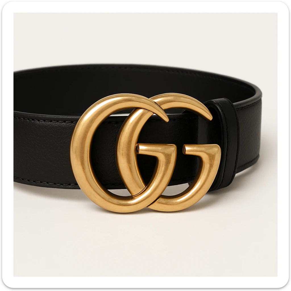 a Gucci belt, close-up of gold GG logo, black leather strap, high-end fashion, white background sticker