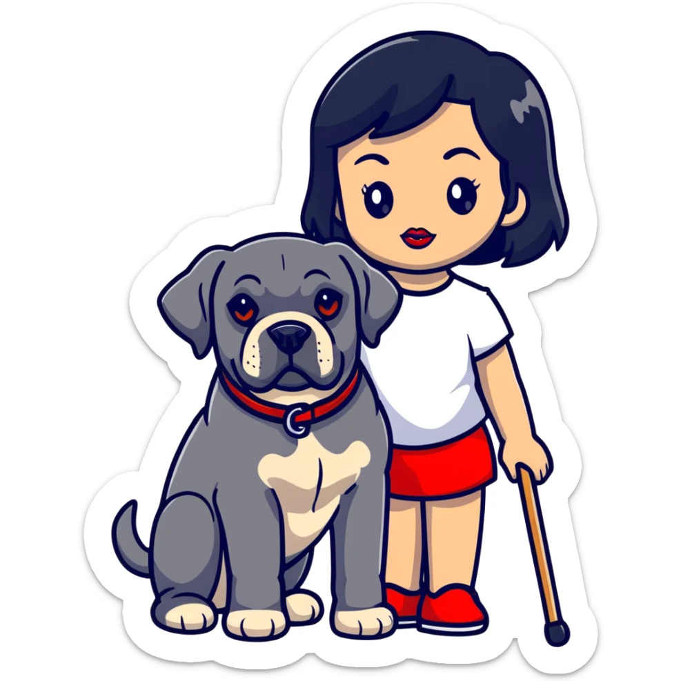 Fashionable girl with black hair and red lips with a Cane Corso dog sticker