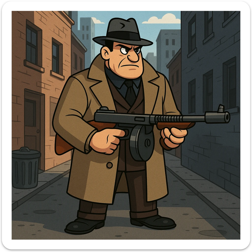 gangster character, cartoon style, trench coat, Tommy gun, city alley background sticker