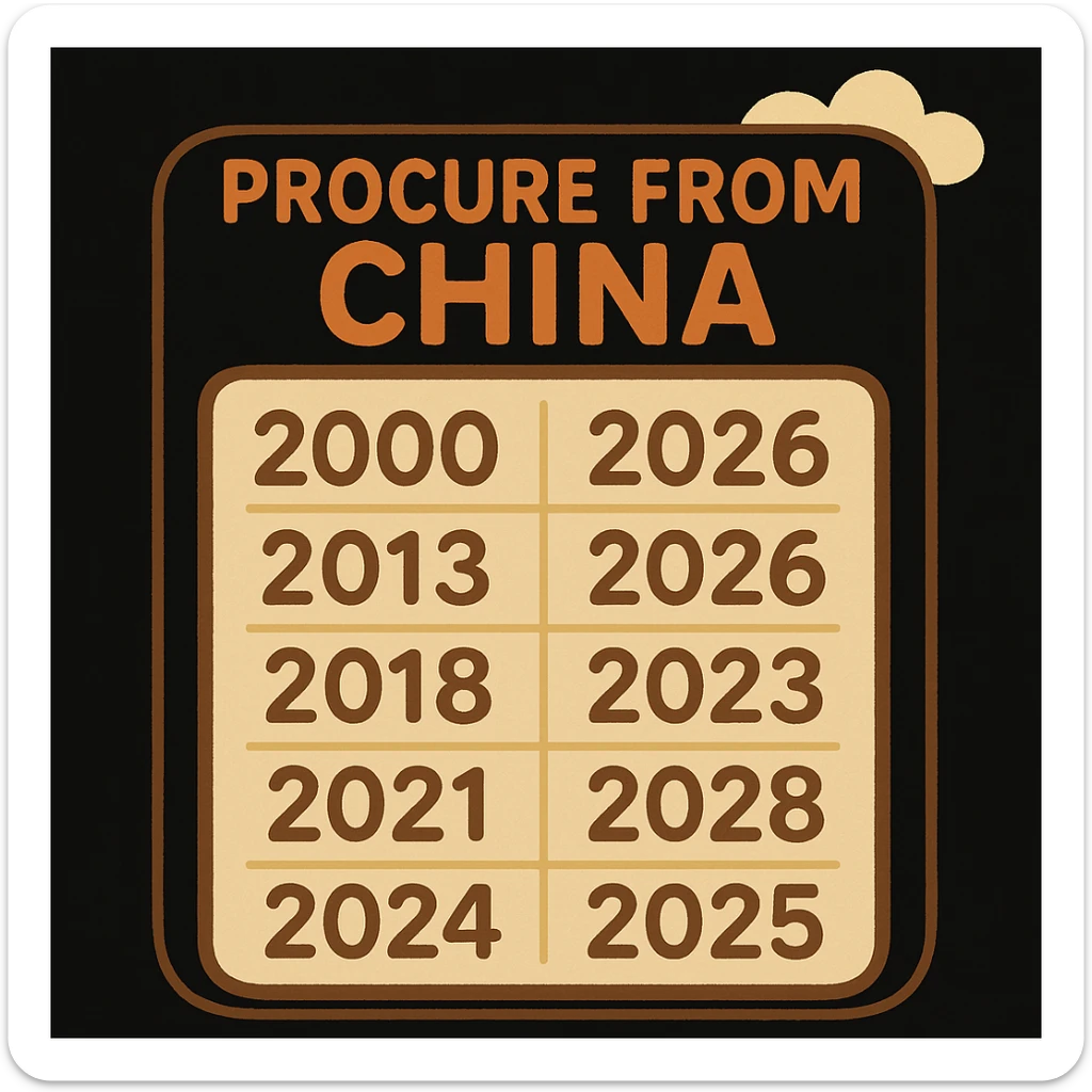 Edit the cartoon style calendar to show the years 2000 to 2025 in chronological order. Add the title 'Procure from China' at the top. Change the background to pure black while keeping the calendar itself in a light color palette. Maintain a modern, playful look for the calendar. sticker