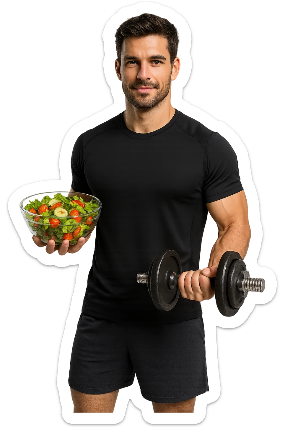 uomo fitness che fa ha un insalata nella mano destra e un manubrio da palestra nella mano sinistra sticker