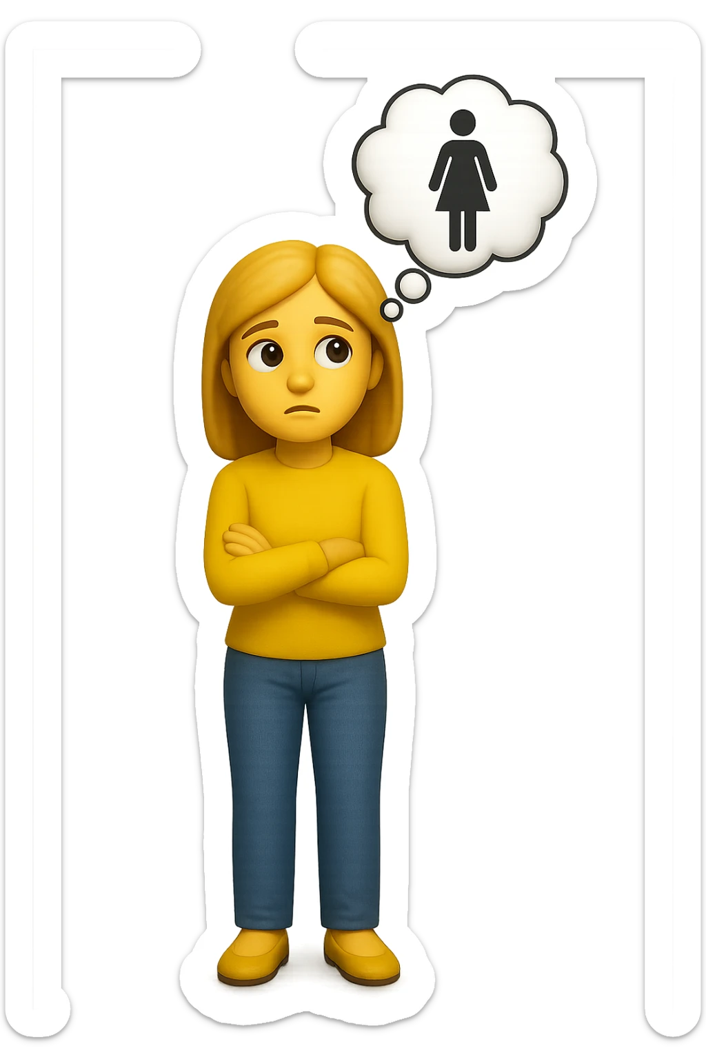 emoji stile iphone di una donna con nuvoletta di pensiero con all'interno la toilet per donne, falla a corpo intero, iperrealistico 4k sticker