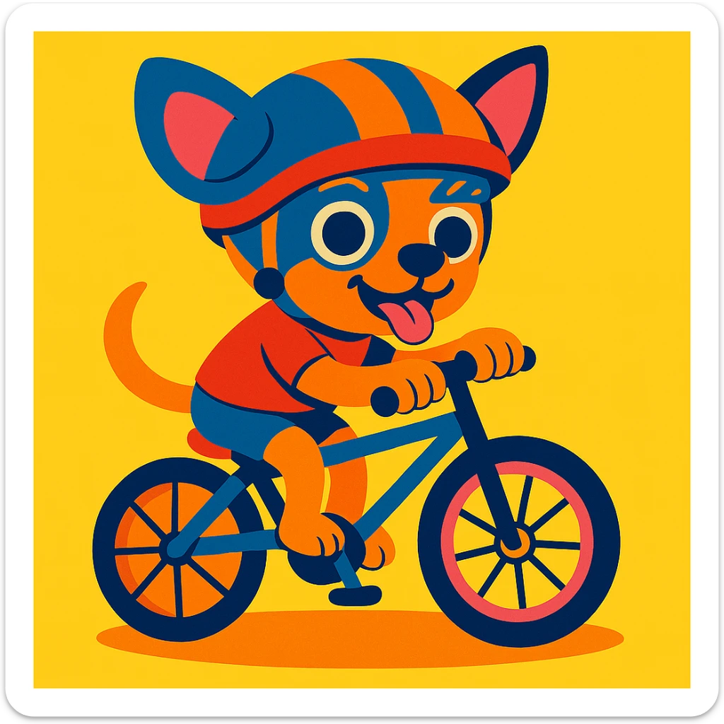 Add a colorful helmet to the chihuahua riding a bicycle, maintaining the vibrant and playful style. sticker