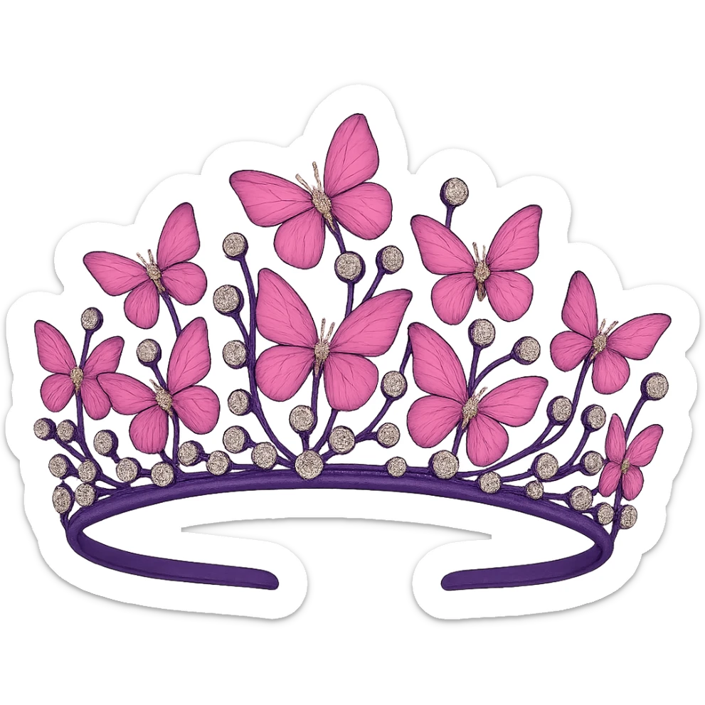 Make the base of the butterfly crown purple, keep the vibrant pink enamel butterflies and sparkling gems, with no background. The style should maintain the original look of the butterfly crown. sticker