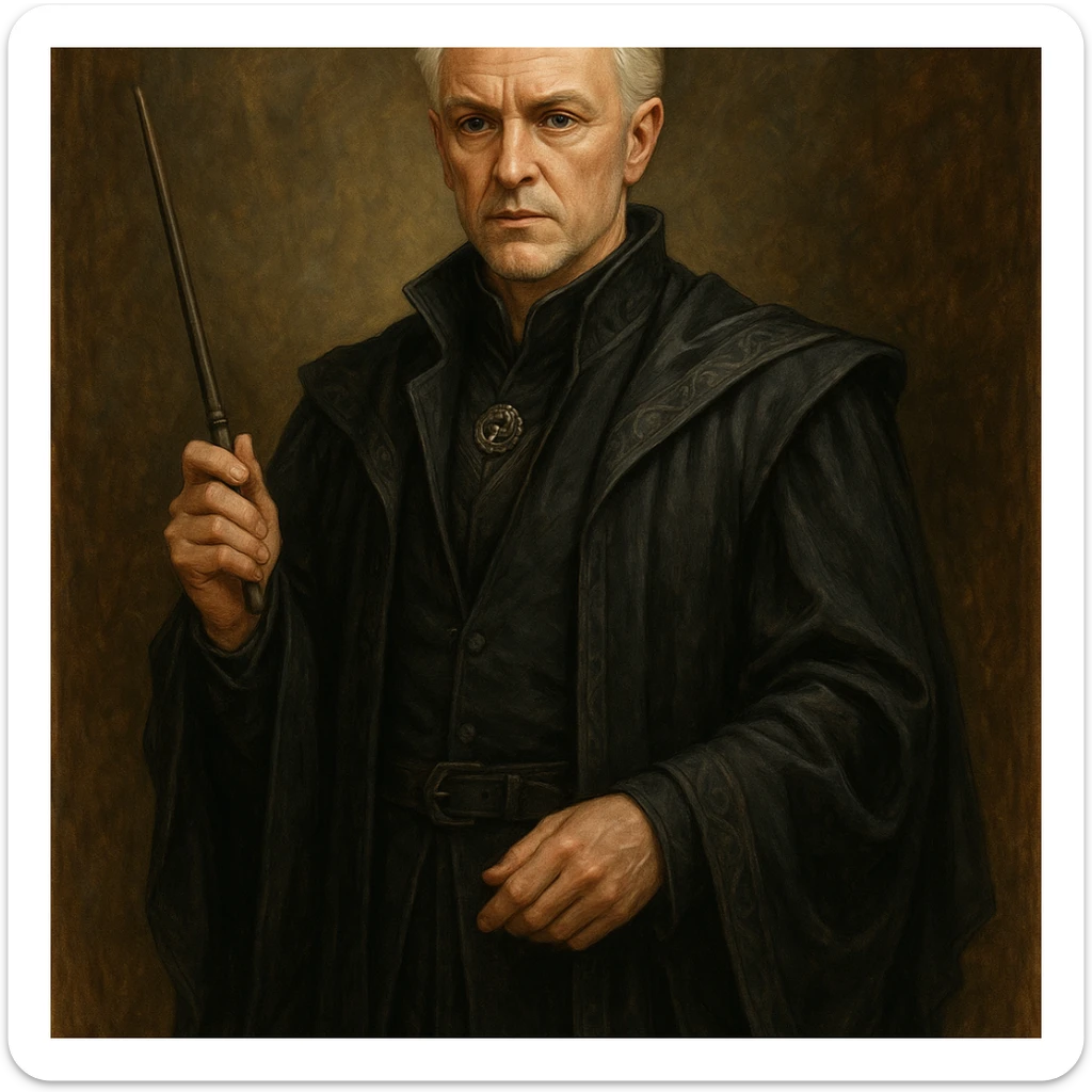 Draco Malfoy, age 37, stylish wizard robes, silver-blond hair, mature, fantasy illustration sticker