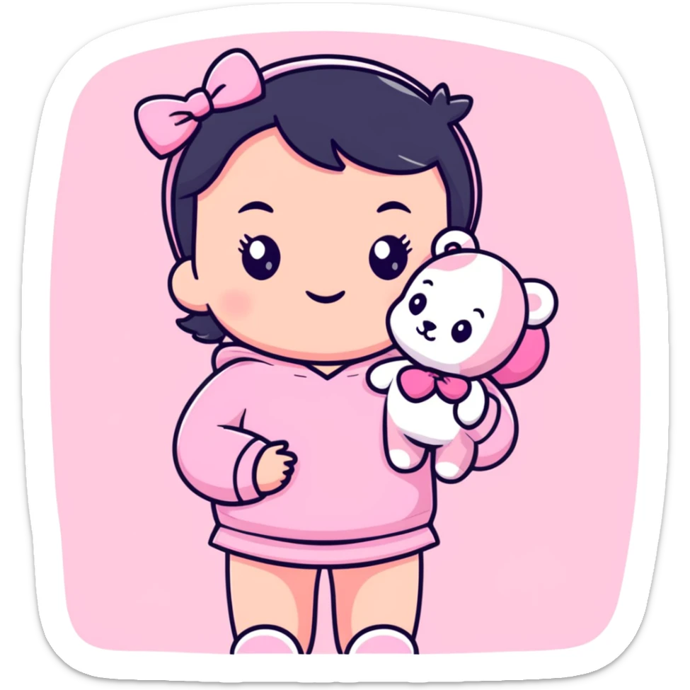 cute toddler girl with pastel pink clothes holding a pink teddy bear sticker