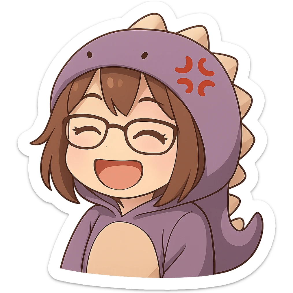 Chibi anime style gamer girl with glasses, brown hair, dark purple eyes, wearing a purple dinosaur costume, making a laughing emote, no controller, same style as reference, no background. sticker