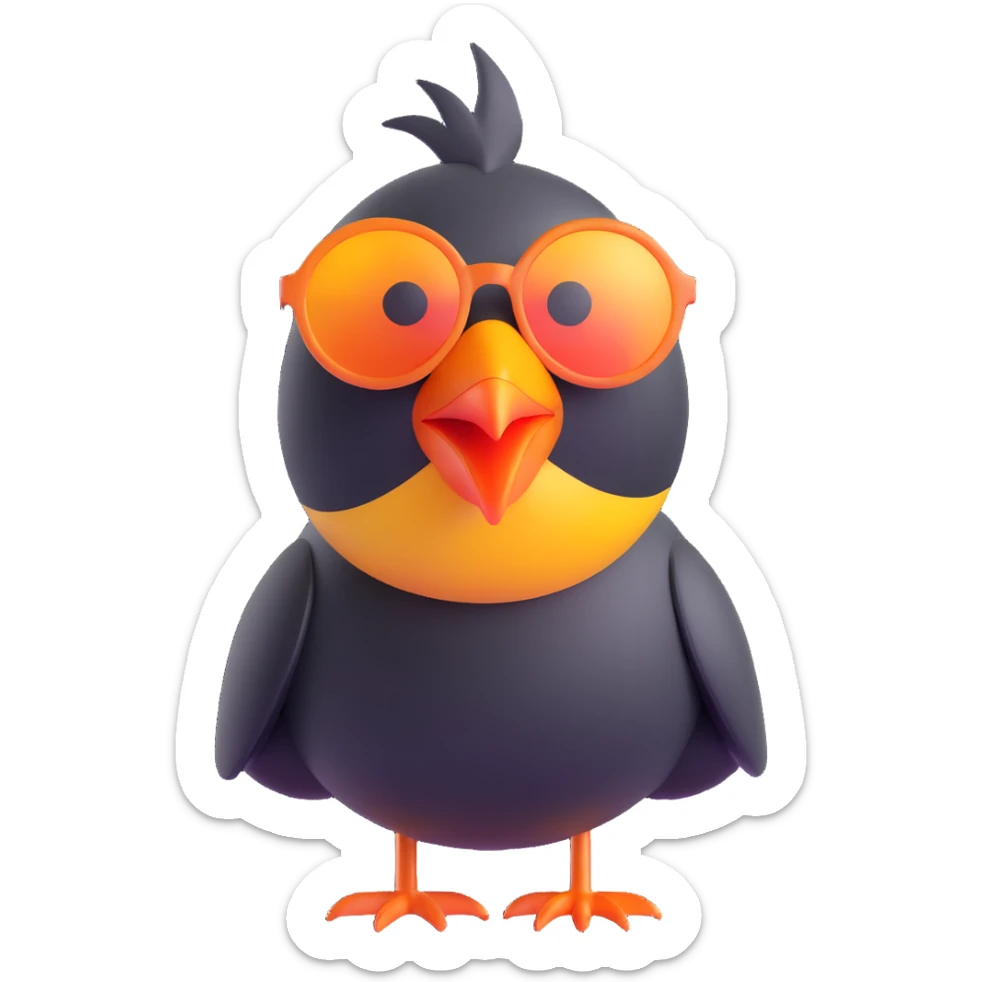 Make the bird emoji more emoji-like with a smooth, shiny 3D look, vibrant colors, and an expressive face. Keep the same pose, orange beak, and round sunglasses. Bird looking to the left. No background. Style should match modern emoji aesthetics. sticker