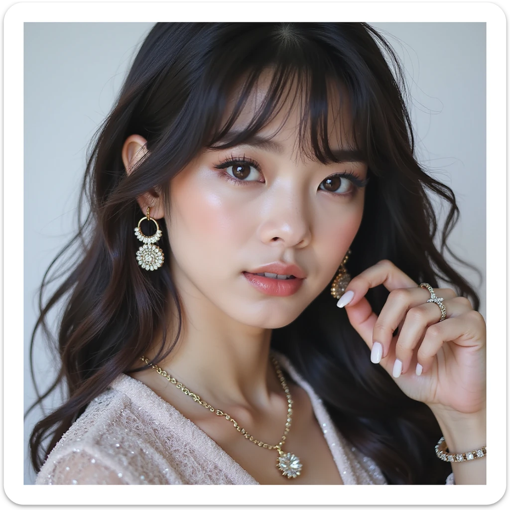 realistic portrait of a K-pop idol inspired by Blackpink, photorealistic style, sparkling accessories, chic fashion, charismatic look sticker