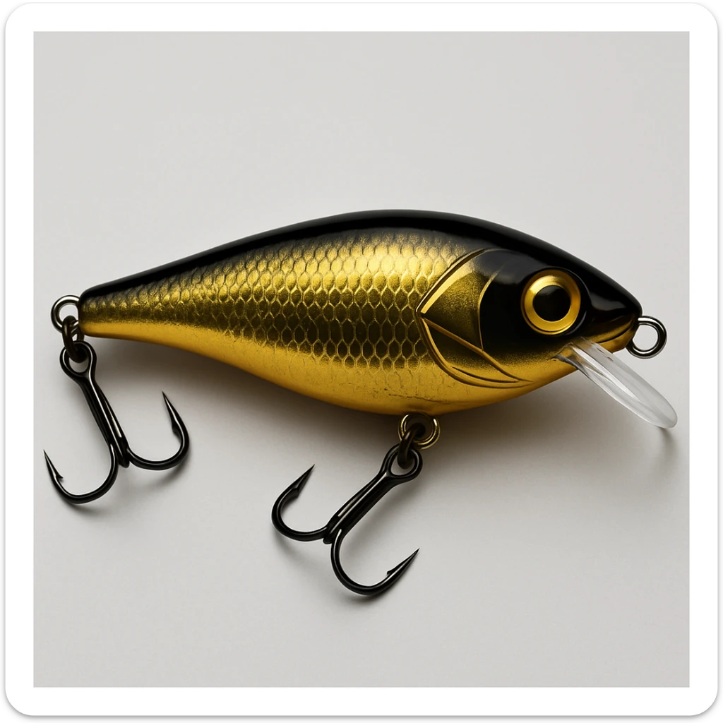 Edit the image of a Rapala fishing lure in side view to have a gold and black colorway, with shiny gold and deep black tones. sticker