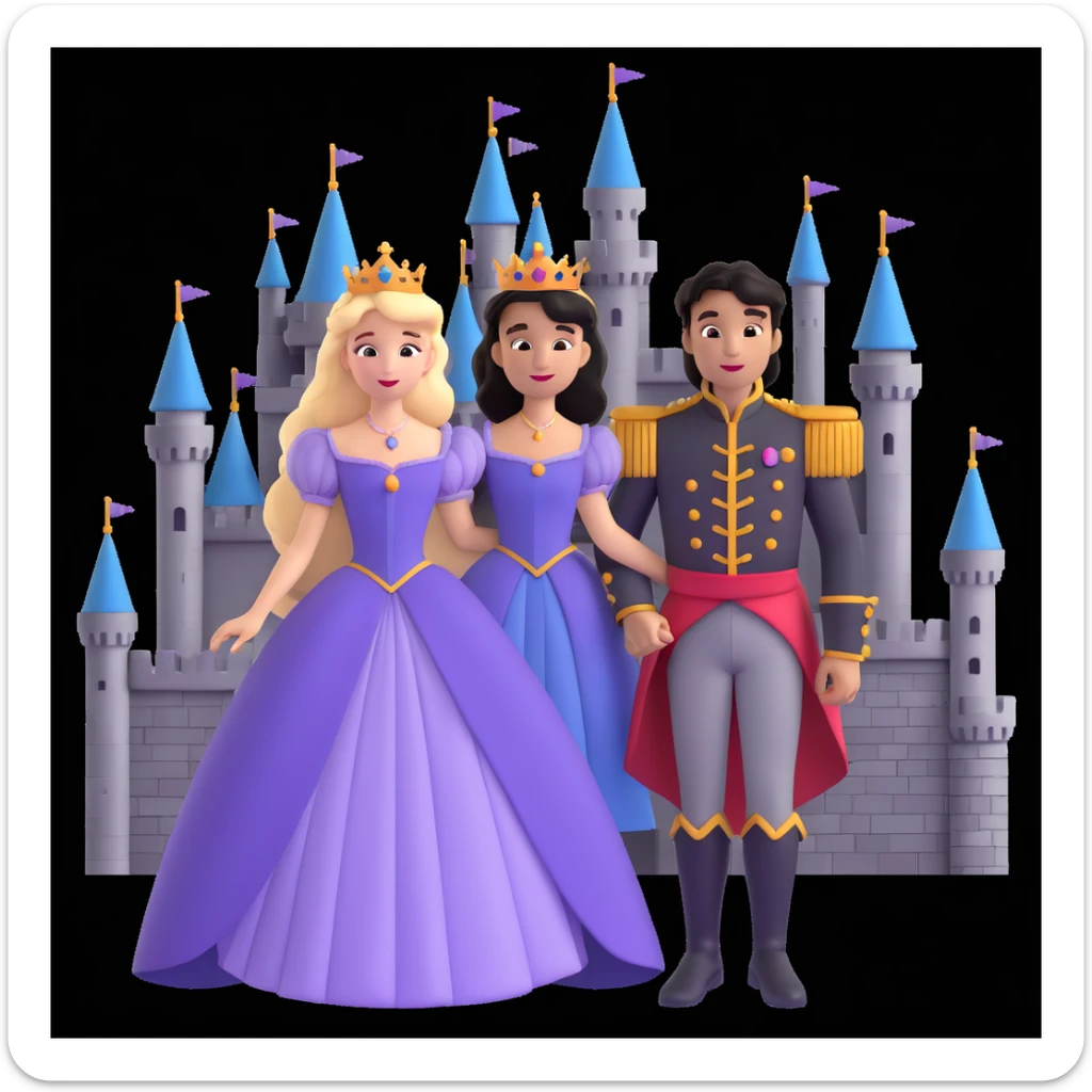 prince and princess Disney dress close up photo in castle background sticker