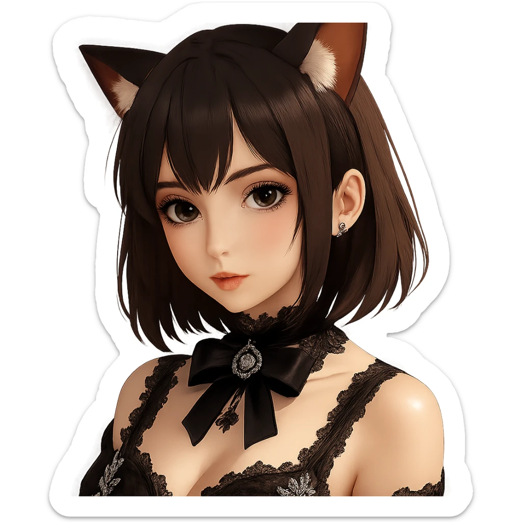 Add gothic accessories such as a black lace choker, velvet ribbon, and ornate brooch to the sexy realistic anime girl with cat ears in a photorealistic style. Keep the background transparent. sticker