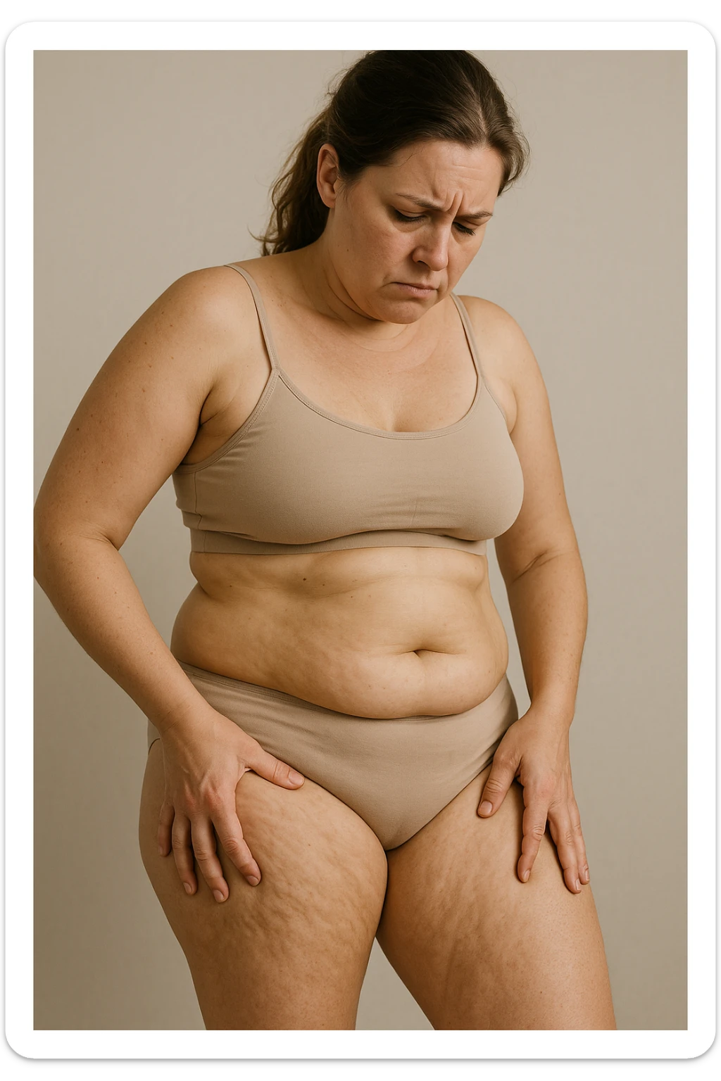 Donna con tanti inestetismi infelice sul corpo sempre riferite alla cellulite sticker