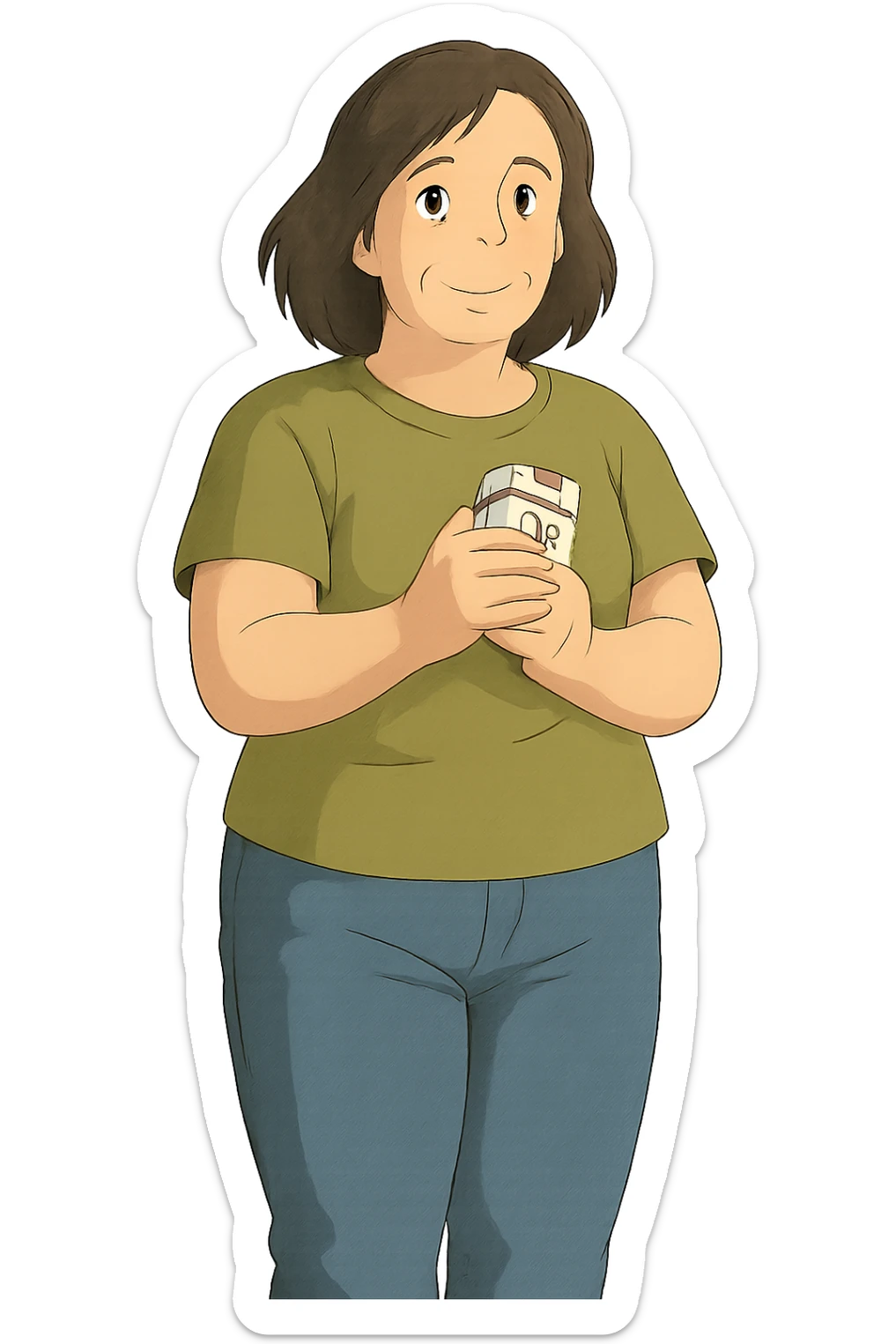 A full body of a middle aged woman wearing jeans and a t.shirt holding a packet of cigarettes close to his body sticker