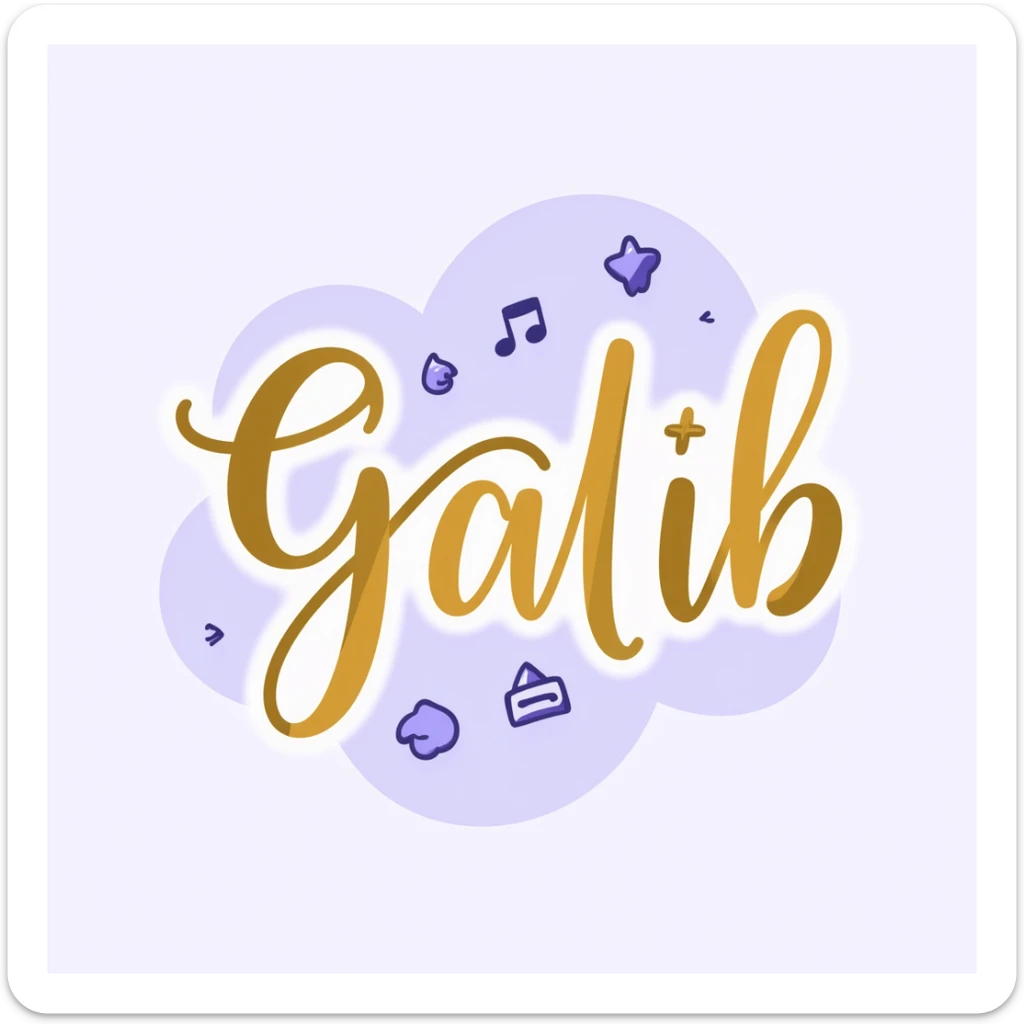 elegant cursive and bold typography of the word 'Galib' in a dreamy style, surrounded by ✨💖🌙💫🔥 emojis, with a soft gold-lavender-blue gradient, luxurious and glowing sticker