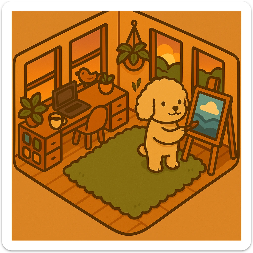 Move the brush to the character's other hand, keeping the original style, colors, and strokes of the image. The character should continue painting the canvas. sticker