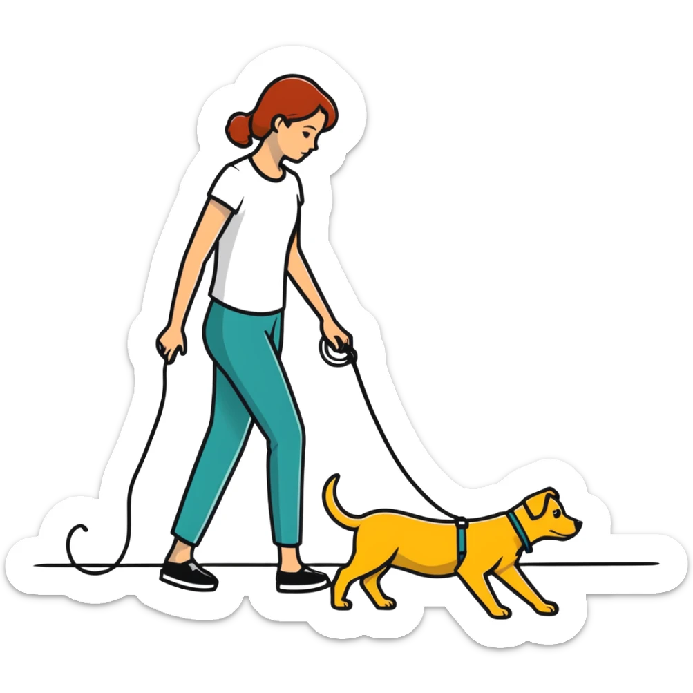 Woman walking a man on a leash with the man on all fours like a dog sticker