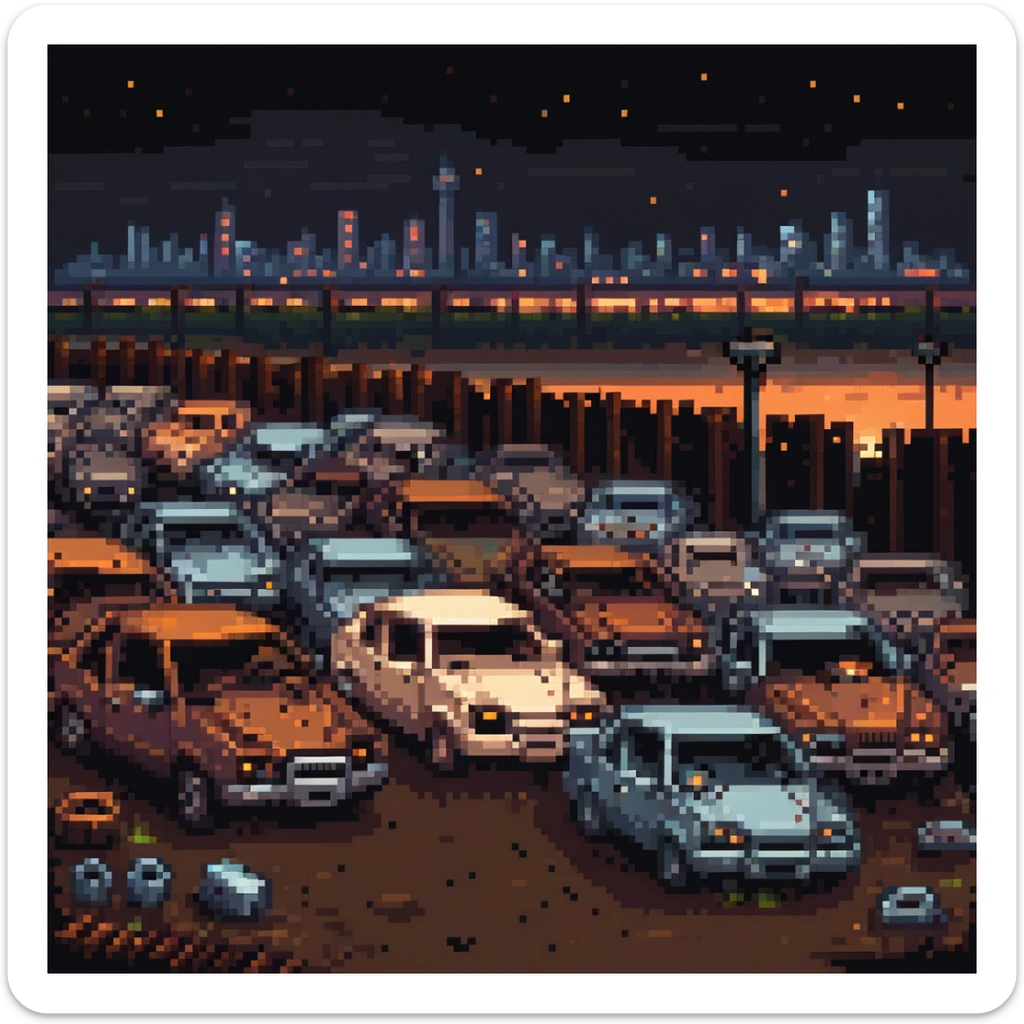 Pixel art junkyard at night, crushed cars, rusty metal, broken fence, flickering light, city lights far in the background, vertical 9:16 scene, side-view camera, retro arcade fighting stage
 sticker