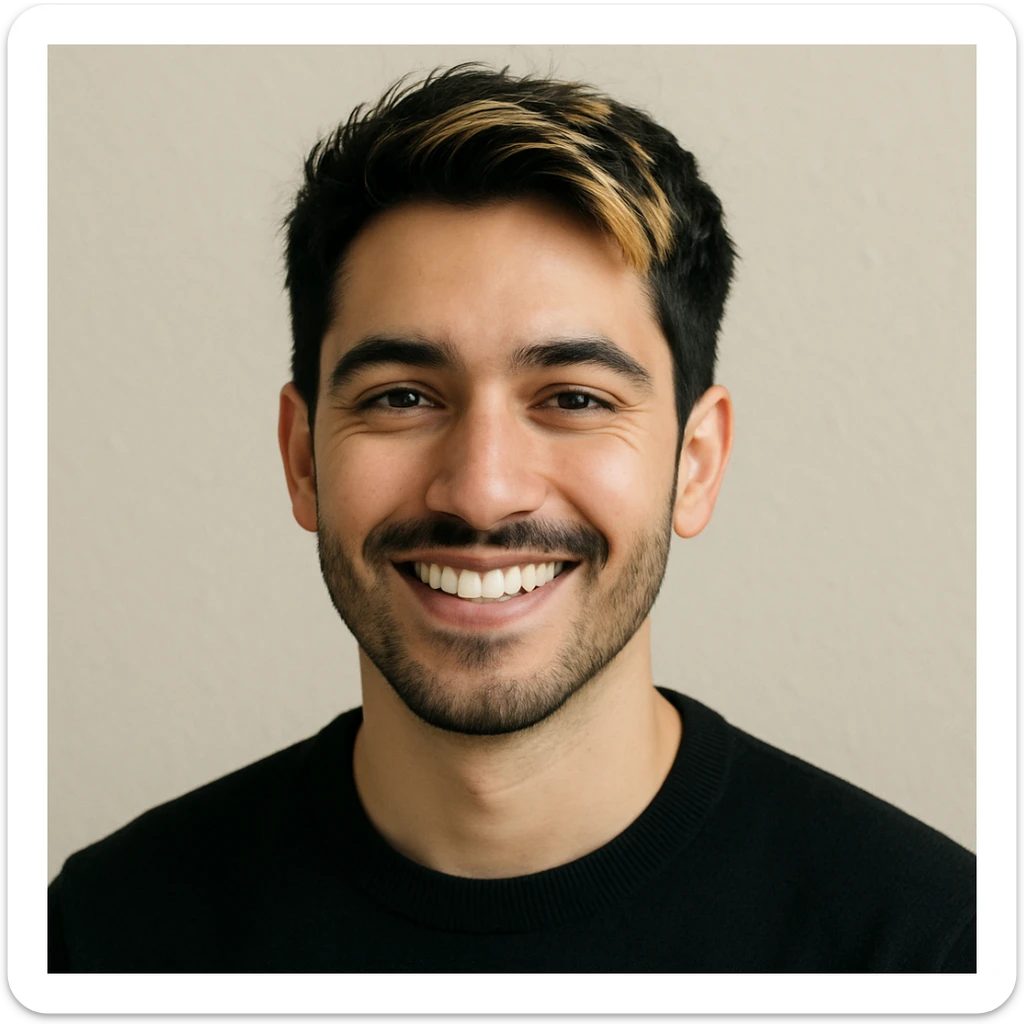 smiling man with black hair and blonde highlights, head and shoulders, simple background sticker