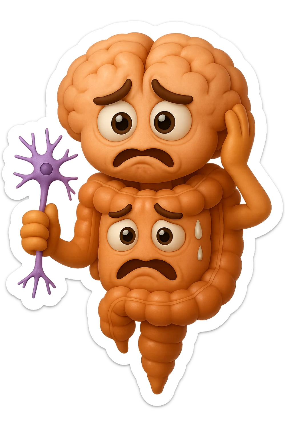 EMOJI STILE IPHONE DI UN INTESTINO collegato verticalmente ad un cervello mentre tiene in mano un neurone, espressione stressata, IPERREALISTICO 4K sticker