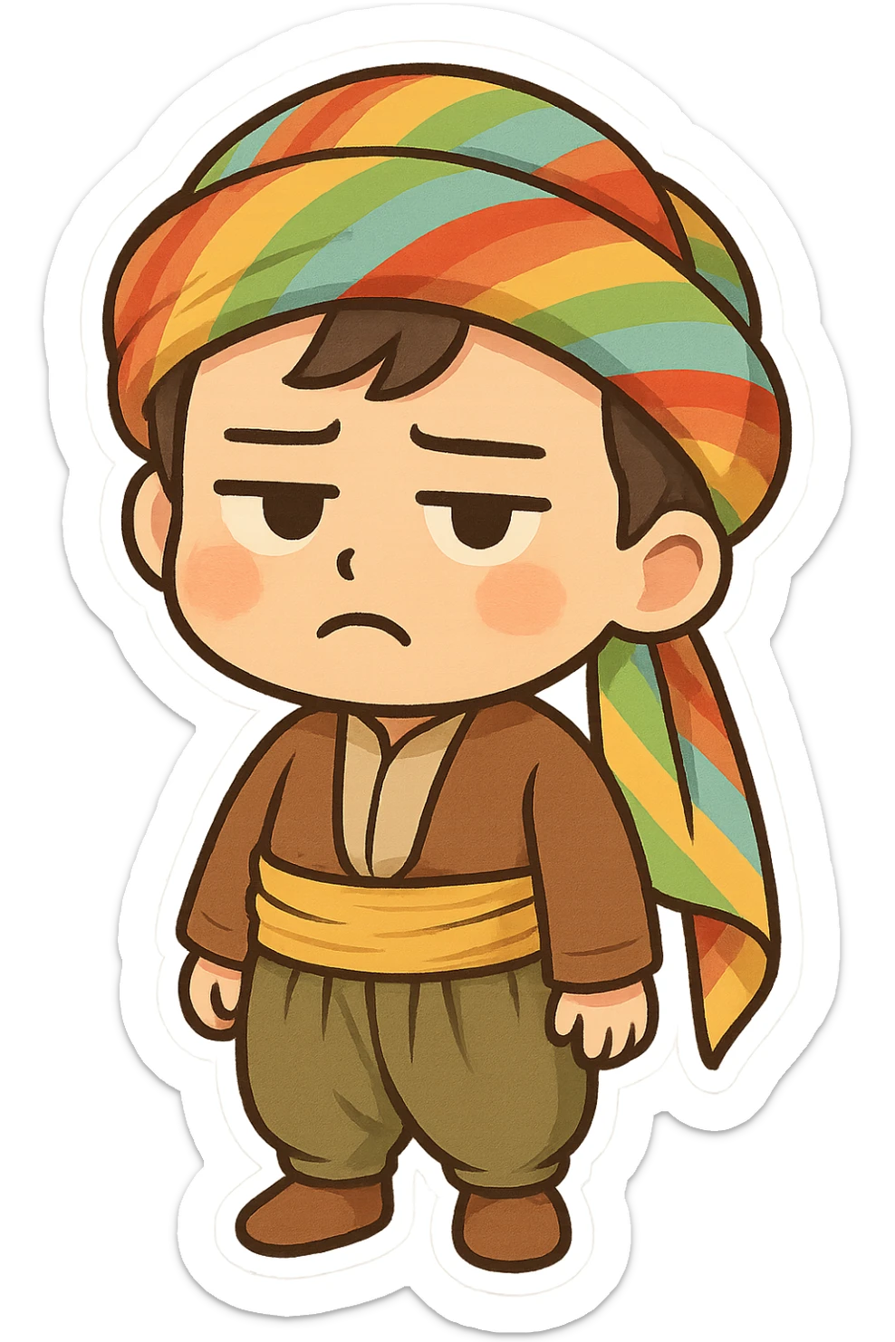 Cartoon sticker of a Kurdish child wearing traditional Kurdish child clothing, colorful and cheerful style. The face should have a bored and frowning expression similar to the 😒 emoji. No text, suitable for WhatsApp and Instagram, with a transparent background. sticker